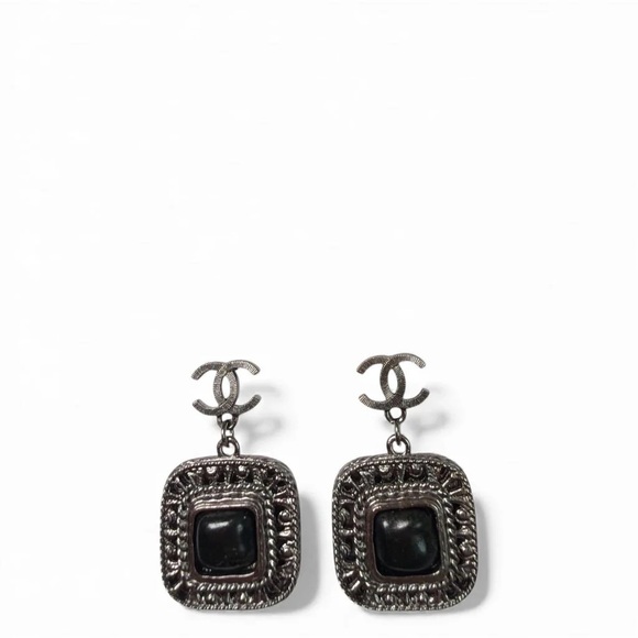 CHANEL Jewelry - Chanel Silver Toned Filigree Frame and Black Square Stone 2009 Drop Earrings